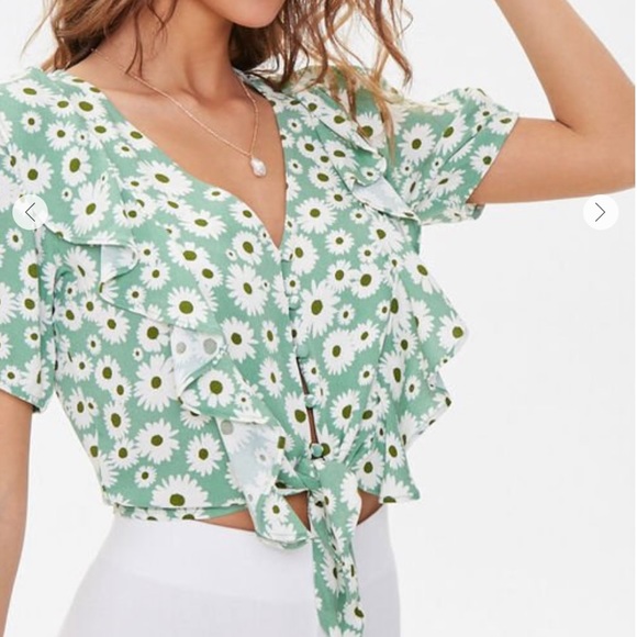 Forever 21 Green Daisy V-Neck Tie Blouse - Picture 9 of 12